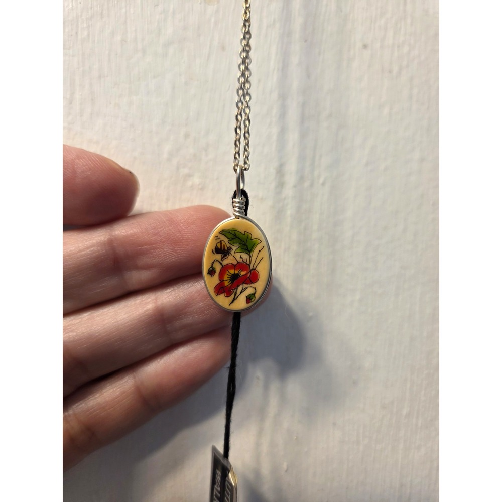 Scrimshaw Sterling Silver Fossil Walrus Ivory Oval Floral Pendant Necklace 16in
